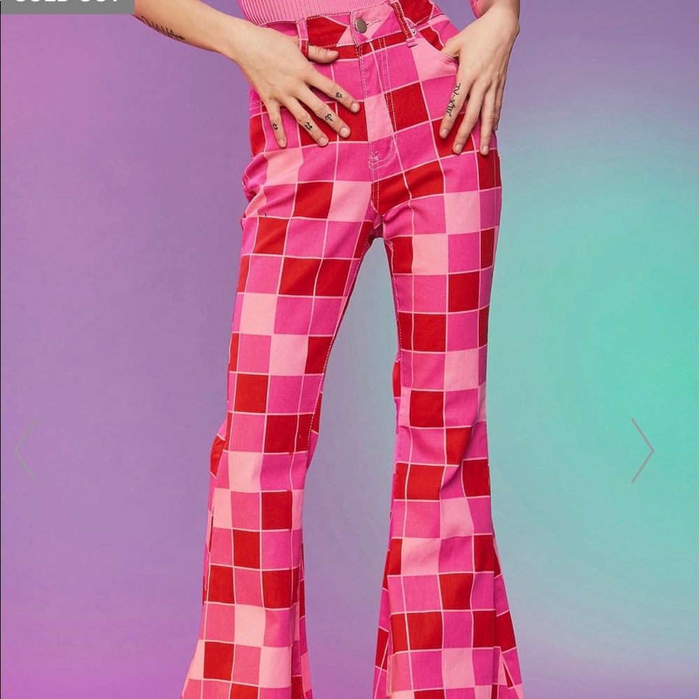 Pink and red square flare jeans